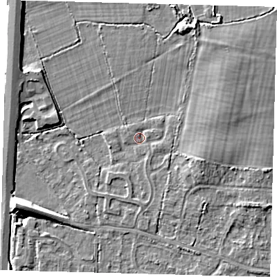Shaded relief map of the ground around RH69QW, computed from Environment Agency LiDAR. The ground here sits at about 57 m above sea level and falls 8 m across the surrounding 800 m. Surface water reaching this point runs off ground lying to the east-north-east, 1.7 m higher.