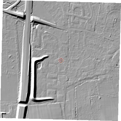 Shaded relief map of the ground around RH69QY, computed from Environment Agency LiDAR. The ground here sits at about 57 m above sea level and falls 10 m across the surrounding 800 m. Surface water reaching this point runs off ground lying to the south-south-east, 0.8 m higher.