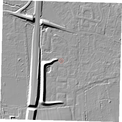 Shaded relief map of the ground around RH69QZ, computed from Environment Agency LiDAR. The ground here sits at about 57 m above sea level and falls 10 m across the surrounding 800 m. Surface water reaching this point runs off ground lying to the south-south-west, 8.9 m higher.