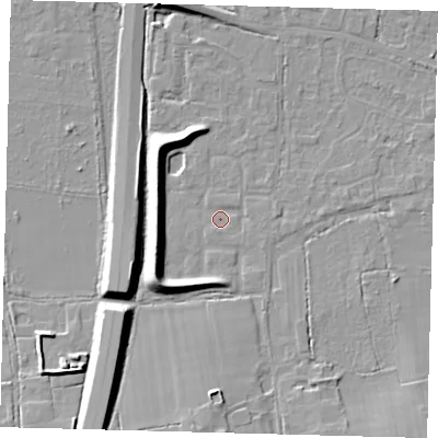 Shaded relief map of the ground around RH69RB, computed from Environment Agency LiDAR. The ground here sits at about 57 m above sea level and falls 10 m across the surrounding 800 m. Surface water reaching this point runs off ground lying to the east-south-east, 1.3 m higher.