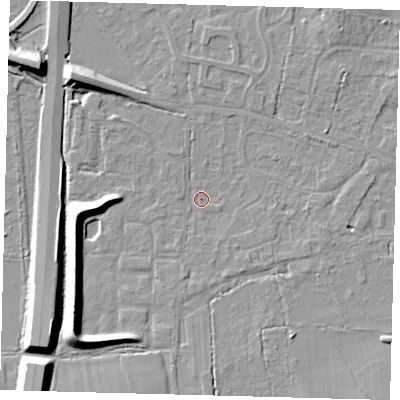 Shaded relief map of the ground around RH69RE, computed from Environment Agency LiDAR. The ground here sits at about 57 m above sea level and falls 10 m across the surrounding 800 m. Surface water reaching this point runs off ground lying to the south-east, 3.6 m higher.