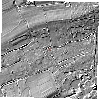 Shaded relief map of the ground around RH69RF, computed from Environment Agency LiDAR. The ground here sits at about 61 m above sea level and falls 11 m across the surrounding 800 m. Surface water reaching this point runs off ground lying to the north-east, 7.1 m higher.
