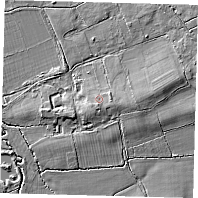 Shaded relief map of the ground around RH69RG, computed from Environment Agency LiDAR. The ground here sits at about 63 m above sea level and falls 6 m across the surrounding 800 m. Surface water reaching this point runs off ground lying to the south, 1.9 m higher.
