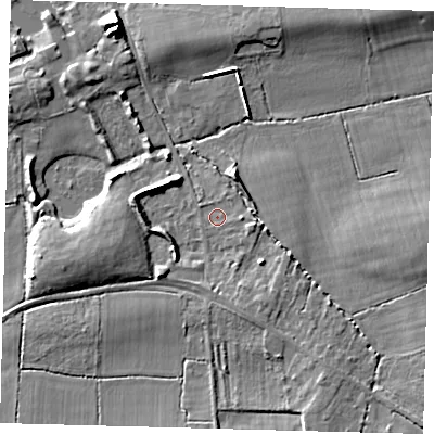 Shaded relief map of the ground around RH69RJ, computed from Environment Agency LiDAR. The ground here sits at about 64 m above sea level and falls 9 m across the surrounding 800 m. Surface water reaching this point runs off ground lying to the east, 1.6 m higher.