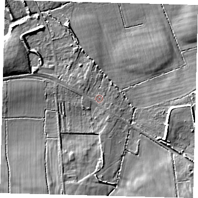 Shaded relief map of the ground around RH69RP, computed from Environment Agency LiDAR. The ground here sits at about 65 m above sea level and falls 12 m across the surrounding 800 m. Surface water reaching this point runs off ground lying to the south-south-east, 1.1 m higher.