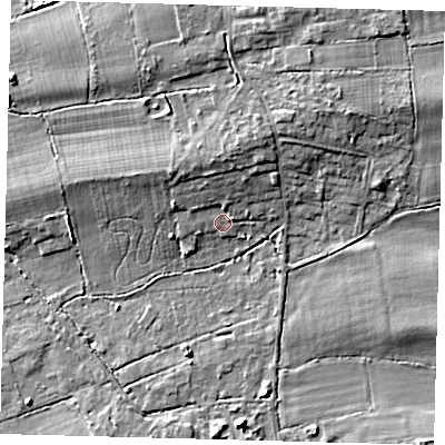 Shaded relief map of the ground around RH69RS, computed from Environment Agency LiDAR. The ground here sits at about 63 m above sea level and falls 9 m across the surrounding 800 m. Surface water reaching this point runs off ground lying to the north, 3.5 m higher.