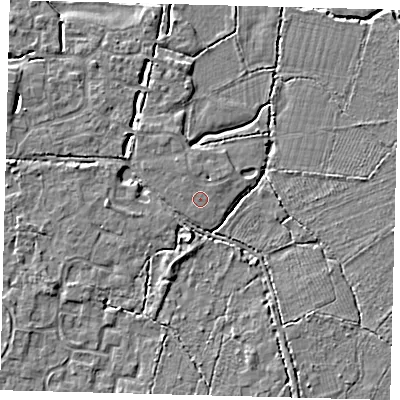 Shaded relief map of the ground around RH69RX, computed from Environment Agency LiDAR. The ground here sits at about 55 m above sea level and falls 4 m across the surrounding 800 m. Surface water reaching this point runs off ground lying to the north-east, 1.2 m higher.