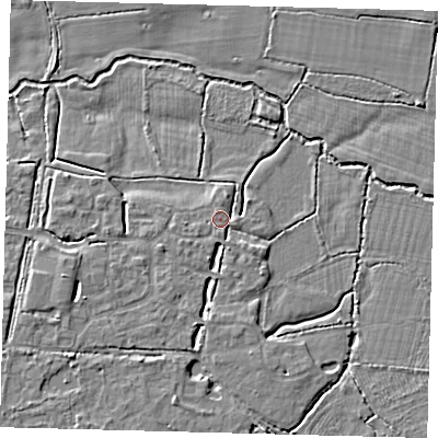 Shaded relief map of the ground around RH69SU, computed from Environment Agency LiDAR. The ground here sits at about 55 m above sea level and falls 4 m across the surrounding 800 m. Surface water reaching this point runs off ground lying to the south-west, 1.6 m higher.