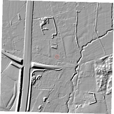 Shaded relief map of the ground around RH69TE, computed from Environment Agency LiDAR. The ground here sits at about 63 m above sea level and falls 12 m across the surrounding 800 m. Surface water reaching this point runs off ground lying to the north-north-west, 2.8 m higher.