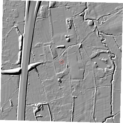 Shaded relief map of the ground around RH69TG, computed from Environment Agency LiDAR. The ground here sits at about 61 m above sea level and falls 12 m across the surrounding 800 m. Surface water reaching this point runs off ground lying to the south-east, 1.9 m higher.