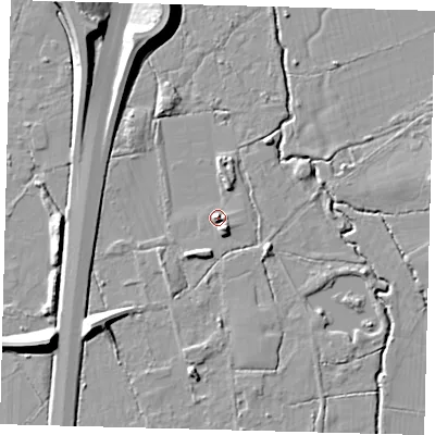 Shaded relief map of the ground around RH69TH, computed from Environment Agency LiDAR. The ground here sits at about 64 m above sea level and falls 12 m across the surrounding 800 m. Surface water reaching this point runs off ground lying to the north-north-east, 2.5 m higher.