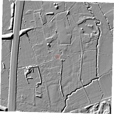 Shaded relief map of the ground around RH69TJ, computed from Environment Agency LiDAR. The ground here sits at about 61 m above sea level and falls 12 m across the surrounding 800 m. Surface water reaching this point runs off ground lying to the south, 2.7 m higher.