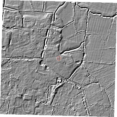 Shaded relief map of the ground around RH69TN, computed from Environment Agency LiDAR. The ground here sits at about 56 m above sea level and falls 4 m across the surrounding 800 m. The ground contributing surface water to this point lies to the south-south-east.