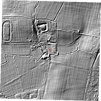Shaded relief map of the ground around RH69YR, computed from Environment Agency LiDAR. The ground here sits at about 60 m above sea level and falls 11 m across the surrounding 800 m. Surface water reaching this point runs off ground lying to the north-east, 7.3 m higher.