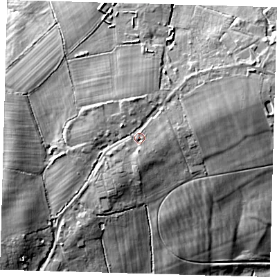 Shaded relief map of the ground around RH76BJ, computed from Environment Agency LiDAR. The ground here sits at about 65 m above sea level and falls 17 m across the surrounding 800 m. Surface water reaching this point runs off ground lying to the east-north-east, 4.9 m higher.