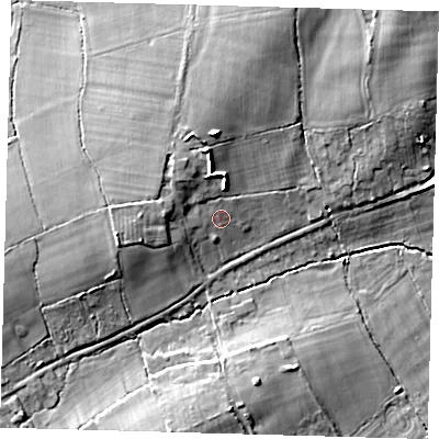 Shaded relief map of the ground around RH76BL, computed from Environment Agency LiDAR. The ground here sits at about 58 m above sea level and falls 11 m across the surrounding 800 m. Surface water reaching this point runs off ground lying to the north-west, 2.2 m higher.