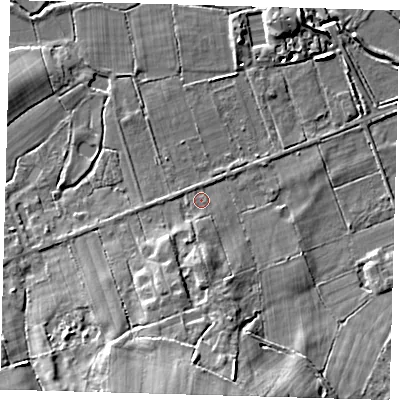 Shaded relief map of the ground around RH76BZ, computed from Environment Agency LiDAR. The ground here sits at about 49 m above sea level and falls 17 m across the surrounding 800 m. Surface water reaching this point runs off ground lying to the south, 12.0 m higher.