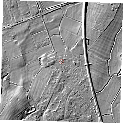 Shaded relief map of the ground around RH76DA, computed from Environment Agency LiDAR. The ground here sits at about 48 m above sea level and falls 18 m across the surrounding 800 m. Surface water reaching this point runs off ground lying to the south-south-west, 1.1 m higher.