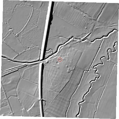 Shaded relief map of the ground around RH76DD, computed from Environment Agency LiDAR. The ground here sits at about 48 m above sea level and falls 8 m across the surrounding 800 m. Surface water reaching this point runs off ground lying to the south-south-east, 2.0 m higher.