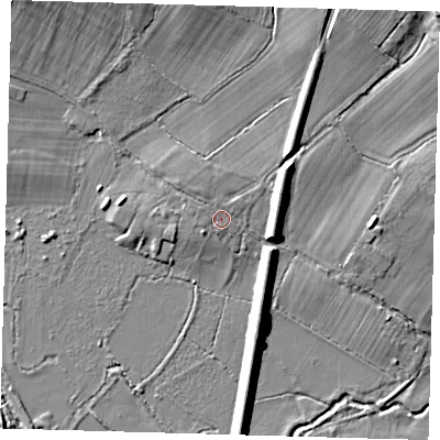 Shaded relief map of the ground around RH76DF, computed from Environment Agency LiDAR. The ground here sits at about 48 m above sea level and falls 13 m across the surrounding 800 m. Surface water reaching this point runs off ground lying to the north-east, 1.8 m higher.