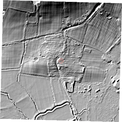 Shaded relief map of the ground around RH76DG, computed from Environment Agency LiDAR. The ground here sits at about 50 m above sea level and falls 18 m across the surrounding 800 m. Surface water reaching this point runs off ground lying to the east-north-east, 0.6 m higher.