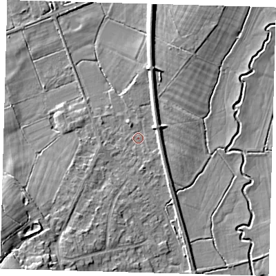 Shaded relief map of the ground around RH76EG, computed from Environment Agency LiDAR. The ground here sits at about 48 m above sea level and falls 15 m across the surrounding 800 m. Surface water reaching this point runs off ground lying to the south-west, 13.0 m higher.