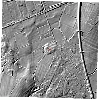 Shaded relief map of the ground around RH76EJ, computed from Environment Agency LiDAR. The ground here sits at about 49 m above sea level and falls 18 m across the surrounding 800 m. Surface water reaching this point runs off ground lying to the south, 0.6 m higher.