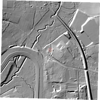 Shaded relief map of the ground around RH76GF, computed from Environment Agency LiDAR. The ground here sits at about 53 m above sea level and falls 16 m across the surrounding 800 m. Surface water reaching this point runs off ground lying to the south-south-east, 3.7 m higher.