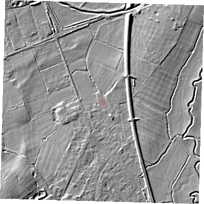Shaded relief map of the ground around RH76GT, computed from Environment Agency LiDAR. The ground here sits at about 48 m above sea level and falls 18 m across the surrounding 800 m. Surface water reaching this point runs off ground lying to the south-south-west, 7.5 m higher.