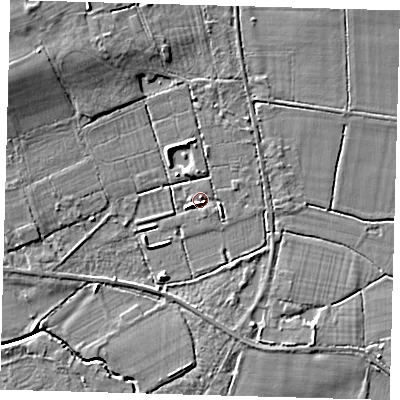 Shaded relief map of the ground around RH76GU, computed from Environment Agency LiDAR. The ground here sits at about 49 m above sea level and falls 8 m across the surrounding 800 m. Surface water reaching this point runs off ground lying to the west-north-west, 6.5 m higher.