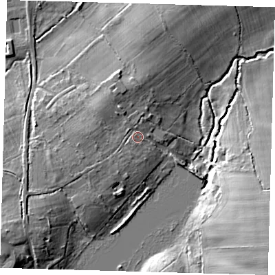 Shaded relief map of the ground around RH76HJ, computed from Environment Agency LiDAR. The ground here sits at about 63 m above sea level and falls 18 m across the surrounding 800 m. Surface water reaching this point runs off ground lying to the west, 3.0 m higher.