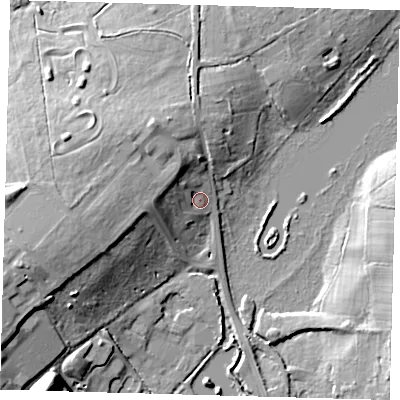 Shaded relief map of the ground around RH76HL, computed from Environment Agency LiDAR. The ground here sits at about 63 m above sea level and falls 21 m across the surrounding 800 m. Surface water reaching this point runs off ground lying to the west, 10.4 m higher.