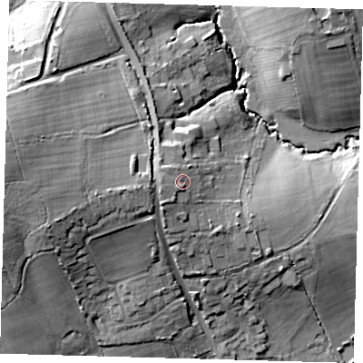 Shaded relief map of the ground around RH76JX, computed from Environment Agency LiDAR. The ground here sits at about 69 m above sea level and falls 25 m across the surrounding 800 m. Surface water reaching this point runs off ground lying to the west, 2.2 m higher.