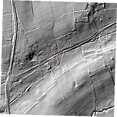 Shaded relief map of the ground around RH76LE, computed from Environment Agency LiDAR. The ground here sits at about 56 m above sea level and falls 9 m across the surrounding 800 m. Surface water reaching this point runs off ground lying to the south, 7.0 m higher.