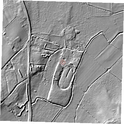 Shaded relief map of the ground around RH76LG, computed from Environment Agency LiDAR. The ground here sits at about 49 m above sea level and falls 8 m across the surrounding 800 m. Surface water reaching this point runs off ground lying to the south-west, 1.8 m higher.