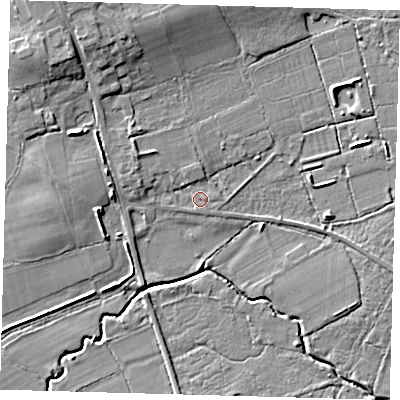Shaded relief map of the ground around RH76LH, computed from Environment Agency LiDAR. The ground here sits at about 50 m above sea level and falls 10 m across the surrounding 800 m. Surface water reaching this point runs off ground lying to the west-north-west, 2.5 m higher.