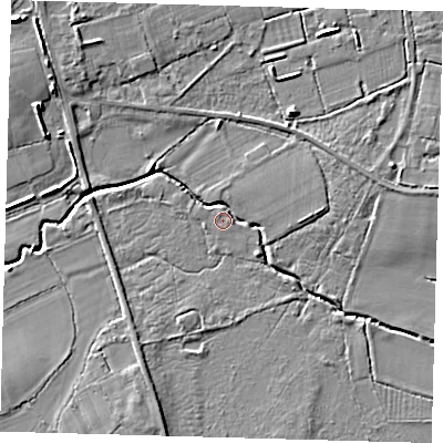 Shaded relief map of the ground around RH76LJ, computed from Environment Agency LiDAR. The ground here sits at about 49 m above sea level and falls 8 m across the surrounding 800 m. Surface water reaching this point runs off ground lying to the north-west, 7.4 m higher.