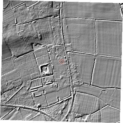 Shaded relief map of the ground around RH76LL, computed from Environment Agency LiDAR. The ground here sits at about 50 m above sea level and falls 7 m across the surrounding 800 m. Surface water reaching this point runs off ground lying to the east, 0.7 m higher.