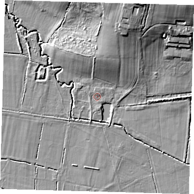 Shaded relief map of the ground around RH76LN, computed from Environment Agency LiDAR. The ground here sits at about 50 m above sea level and falls 17 m across the surrounding 800 m. Surface water reaching this point runs off ground lying to the north, 5.9 m higher.