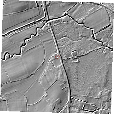 Shaded relief map of the ground around RH76LQ, computed from Environment Agency LiDAR. The ground here sits at about 50 m above sea level and falls 6 m across the surrounding 800 m. Surface water reaching this point runs off ground lying to the south-south-east, 1.4 m higher.