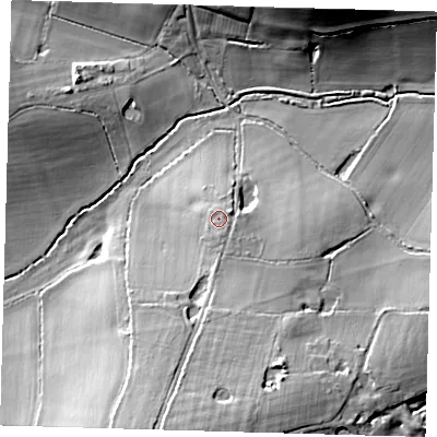 Shaded relief map of the ground around RH76LS, computed from Environment Agency LiDAR. The ground here sits at about 61 m above sea level and falls 16 m across the surrounding 800 m. Surface water reaching this point runs off ground lying to the south-south-east, 1.0 m higher.