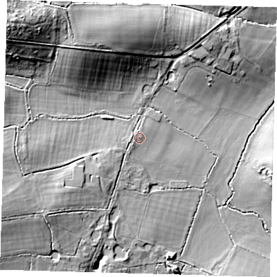 Shaded relief map of the ground around RH76LW, computed from Environment Agency LiDAR. The ground here sits at about 62 m above sea level and falls 20 m across the surrounding 800 m. Surface water reaching this point runs off ground lying to the west-south-west, 1.1 m higher.