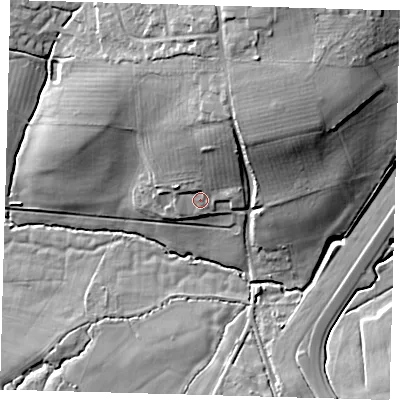 Shaded relief map of the ground around RH76NE, computed from Environment Agency LiDAR. The ground here sits at about 58 m above sea level and falls 22 m across the surrounding 800 m. Surface water reaching this point runs off ground lying to the north-north-east, 11.2 m higher.