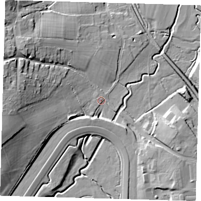 Shaded relief map of the ground around RH76PG, computed from Environment Agency LiDAR. The ground here sits at about 51 m above sea level and falls 22 m across the surrounding 800 m. Surface water reaching this point runs off ground lying to the west-south-west, 20.5 m higher.