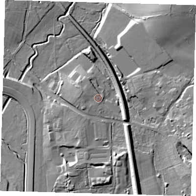 Shaded relief map of the ground around RH76PH, computed from Environment Agency LiDAR. The ground here sits at about 56 m above sea level and falls 16 m across the surrounding 800 m. Surface water reaching this point runs off ground lying to the south-west, 3.1 m higher.