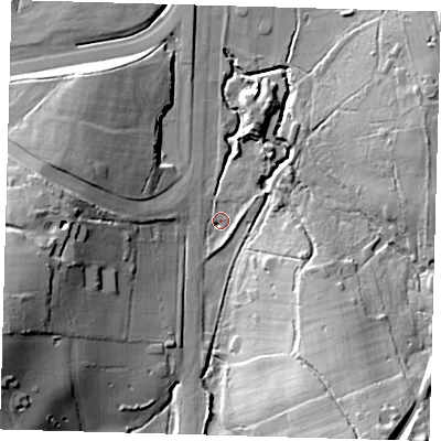 Shaded relief map of the ground around RH76PL, computed from Environment Agency LiDAR. The ground here sits at about 55 m above sea level and falls 33 m across the surrounding 800 m. Surface water reaching this point runs off ground lying to the south-east, 30.6 m higher.