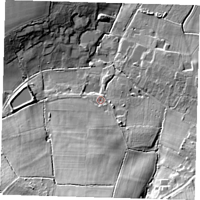 Shaded relief map of the ground around RH76PN, computed from Environment Agency LiDAR. The ground here sits at about 56 m above sea level and falls 25 m across the surrounding 800 m. Surface water reaching this point runs off ground lying to the south, 7.6 m higher.