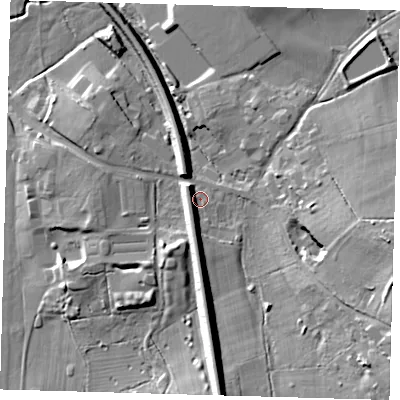 Shaded relief map of the ground around RH76PQ, computed from Environment Agency LiDAR. The ground here sits at about 55 m above sea level and falls 22 m across the surrounding 800 m. Surface water reaching this point runs off ground lying to the south, 7.1 m higher.