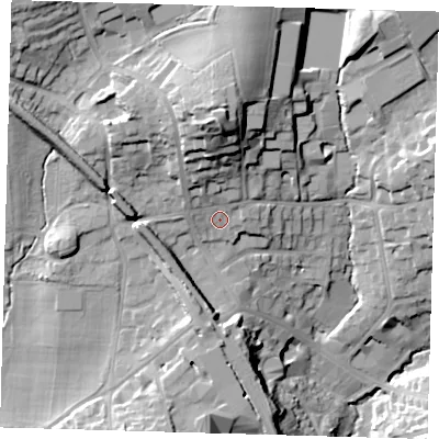 Shaded relief map of the ground around RH80AD, computed from Environment Agency LiDAR. The ground here sits at about 104 m above sea level and falls 33 m across the surrounding 800 m. Surface water reaching this point runs off ground lying to the north, 12.0 m higher.