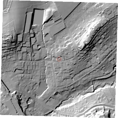 Shaded relief map of the ground around RH80AJ, computed from Environment Agency LiDAR. The ground here sits at about 102 m above sea level and falls 33 m across the surrounding 800 m. Surface water reaching this point runs off ground lying to the east-north-east, 10.1 m higher.